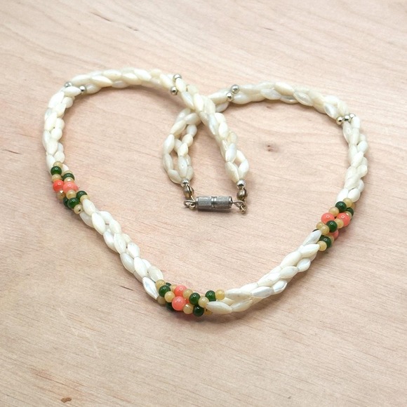 American Vintage Jewelry - Vintage 1960s Mother of Pearl Triple Strand Necklace with Coral Jade Accents 18"